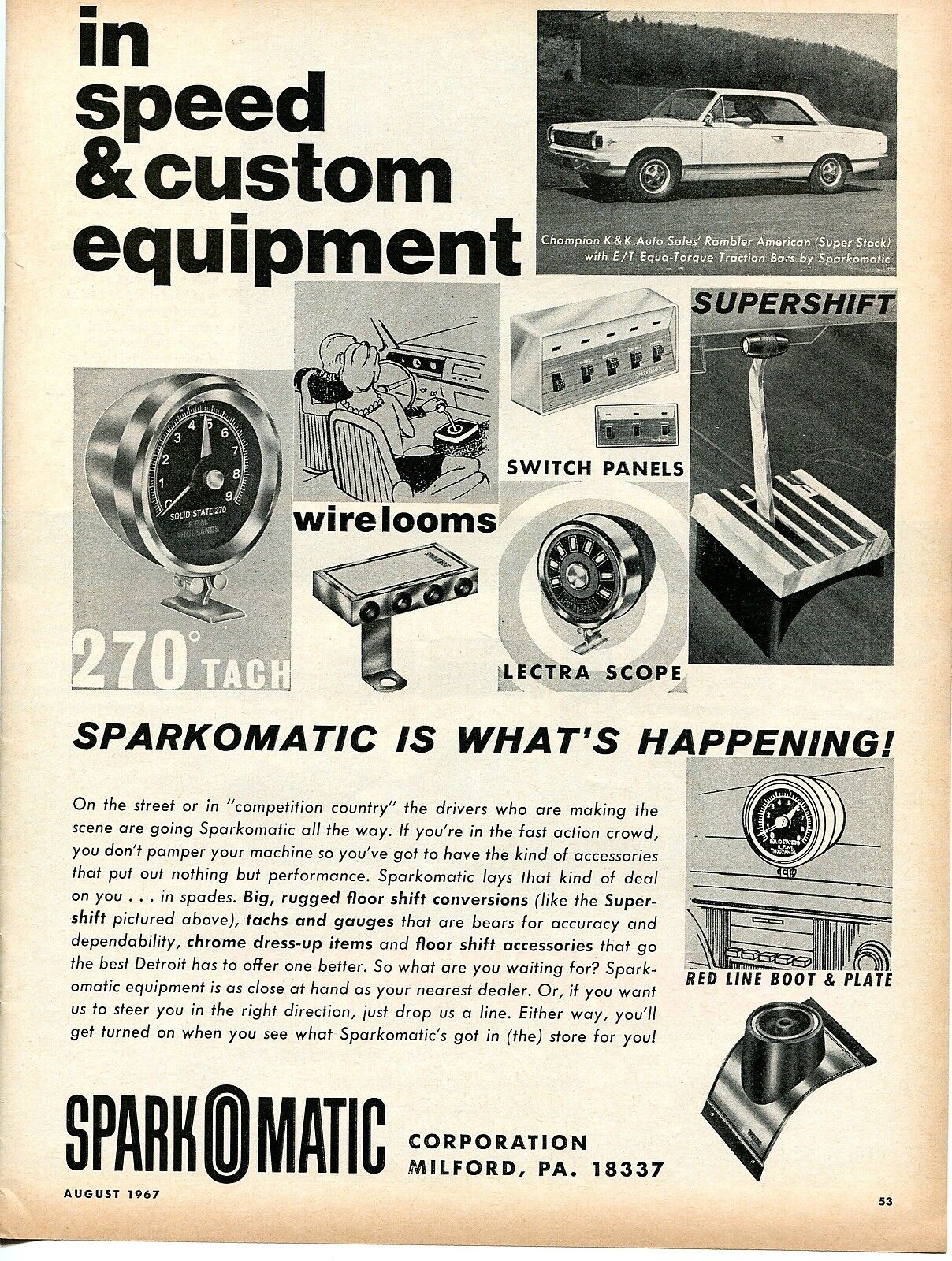 1967 Sparkomatic Tach Switch Panels Scope & Shifter Ad w/ Rambler American      