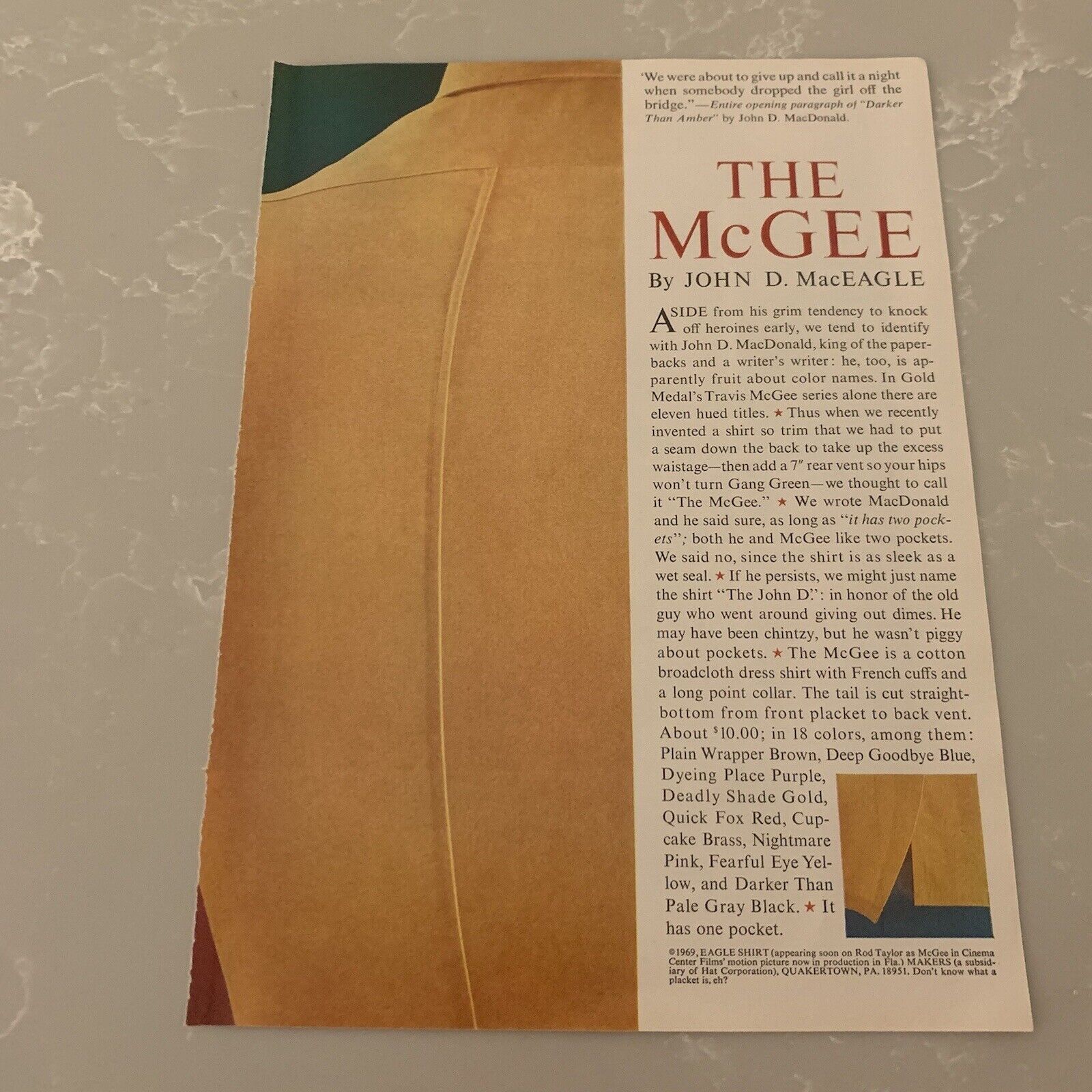 1969 Eagle Shirt Makers The McGee Print Ad John D. MacEagle MacDonald  Travis