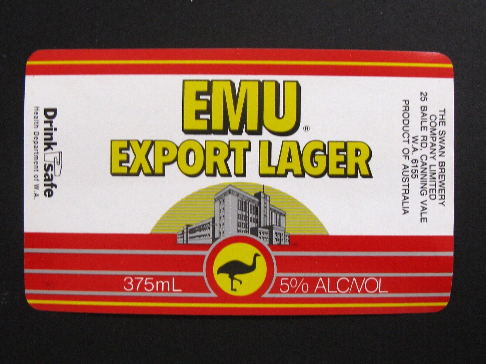 The Swan Brewery EMU - EXPORT LAGER beer label AUSTRALIA 375ml