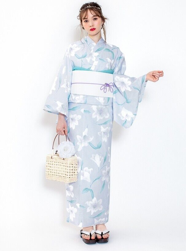 Grail Kimono Yukata Set Dress blue lily pattern Kyoto Summer Clothes  Japan New