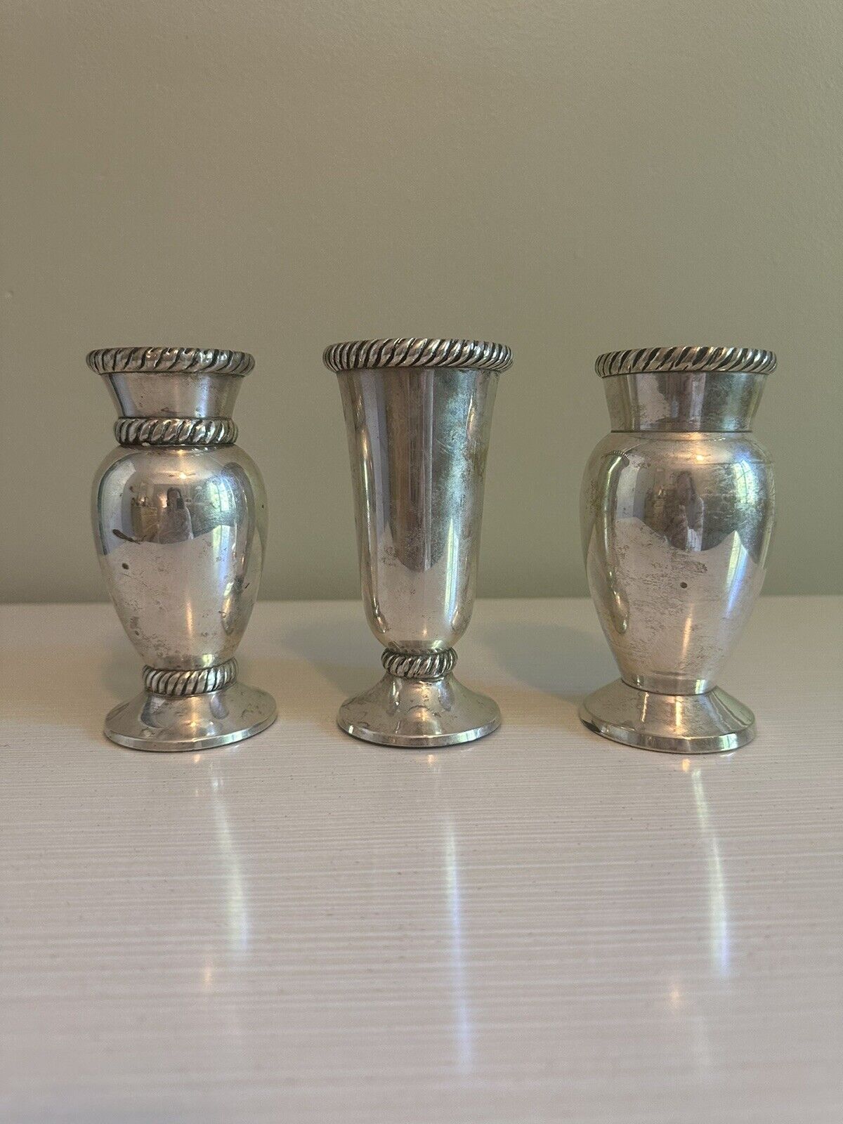 Pottery Barn Antiqued Silver Plated Twist Weighted Bud Vases Set Of Three