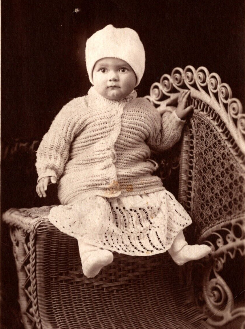 RPPC Adorable Baby w/ Knitted Sweater Seated On Chair VINTAGE Postcard AZO