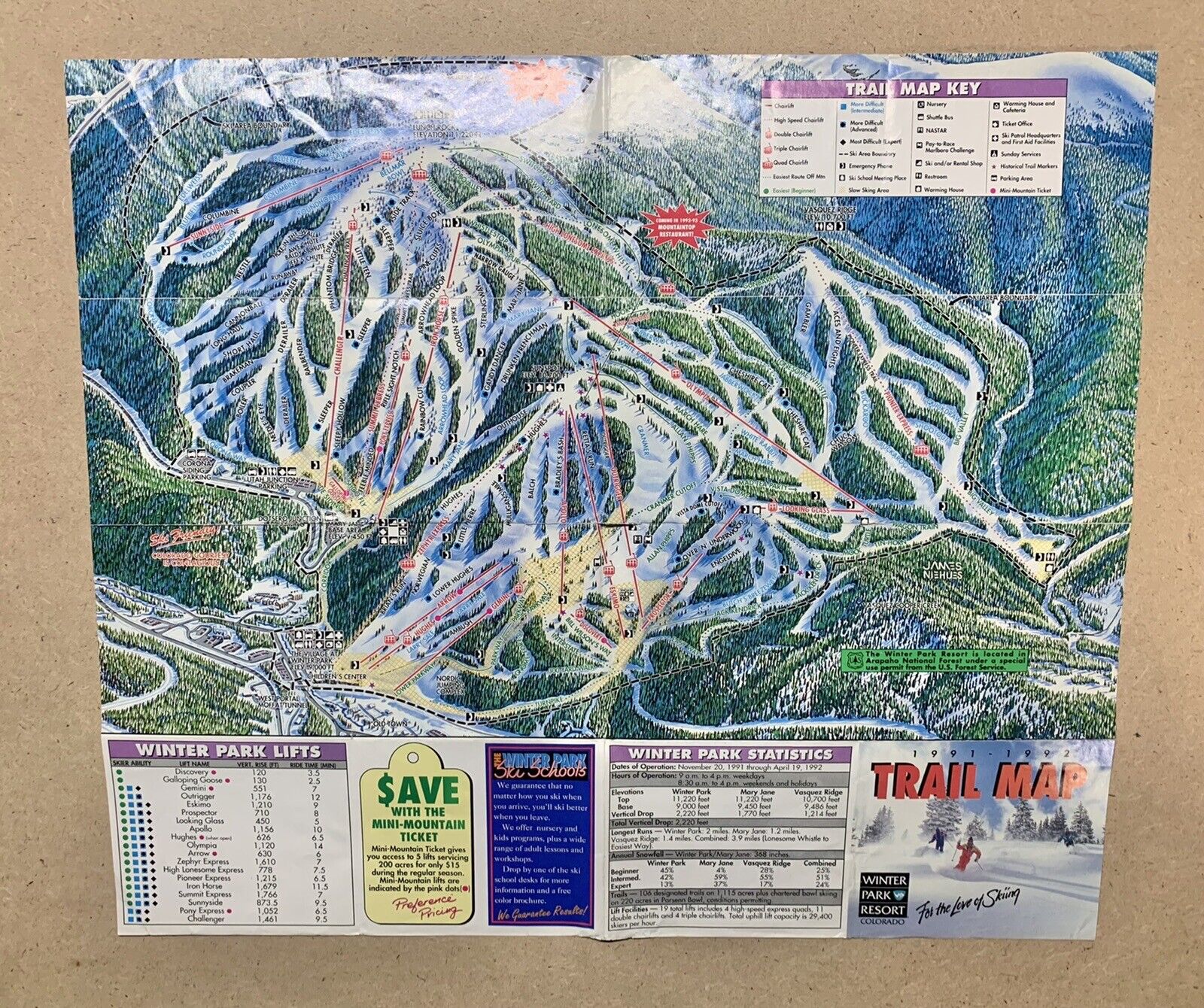 Vintage Ski Tail Map 1991-92 Trail Map WINTER PARK RESORT Colorado Poster