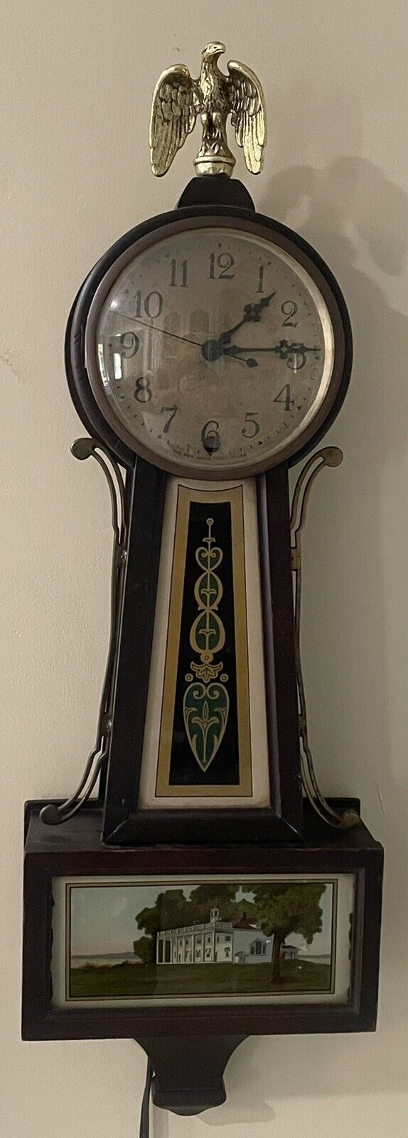 Antique New Haven Banjo Electric Clock Reverse Painted Glass of Mt Vernon