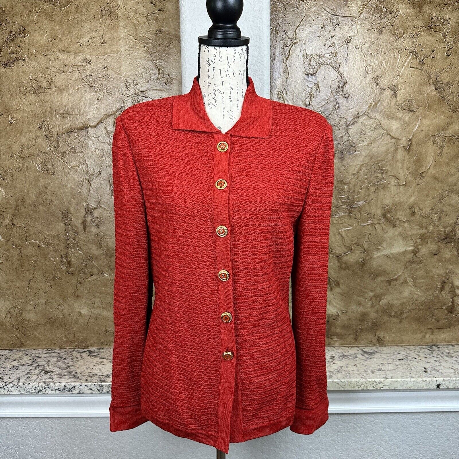 St John Signature Button Cardigan Sweater Large Red Orange Knit Wool Santana