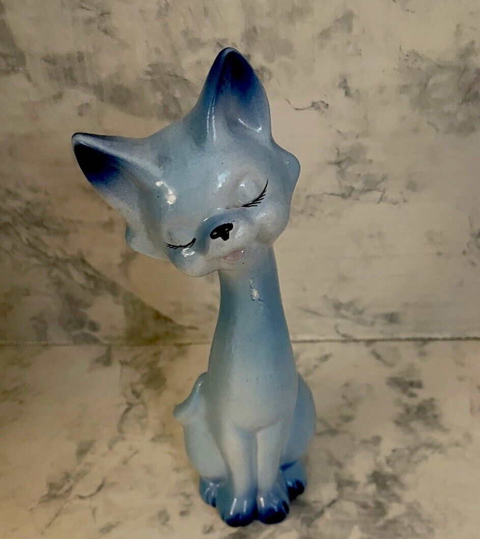 Vtg MCM Ceramic Anthropomorphic Long Neck Cat Blue Kitsch 8” Eyes Closed Sitting