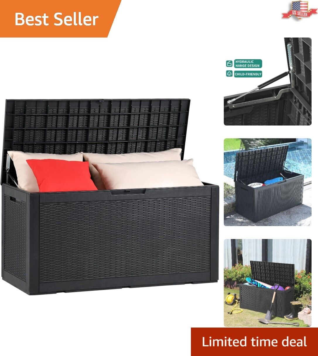 Large Resin Deck Box 100 Gallon Weatherproof Secure Lockable Black Storage