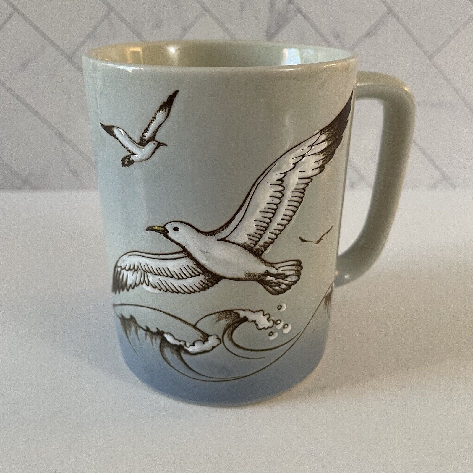 Vintage Seagulls Ocean Wave Beach Otagiri Japan Stoneware Mug Mid Century Cup