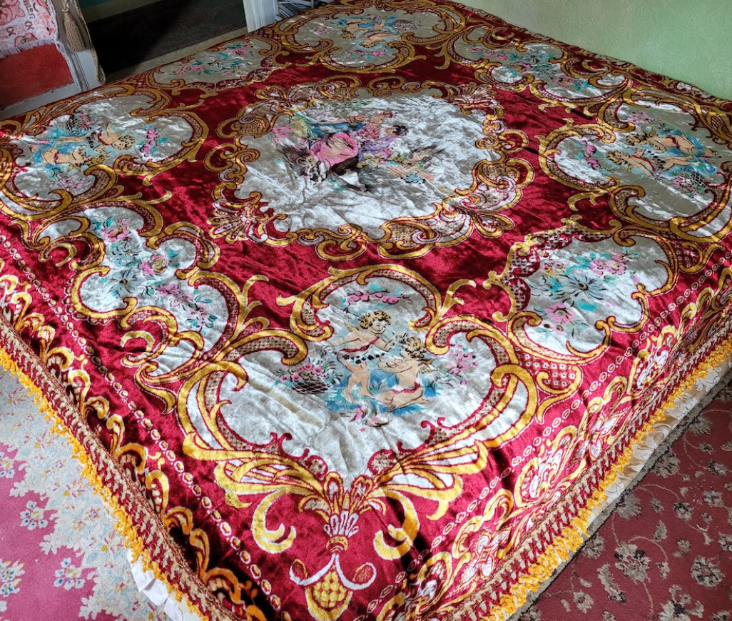 LARGE Italian Velvet Bedspread, Theorem Painted, MINT Condition, Large at 102\