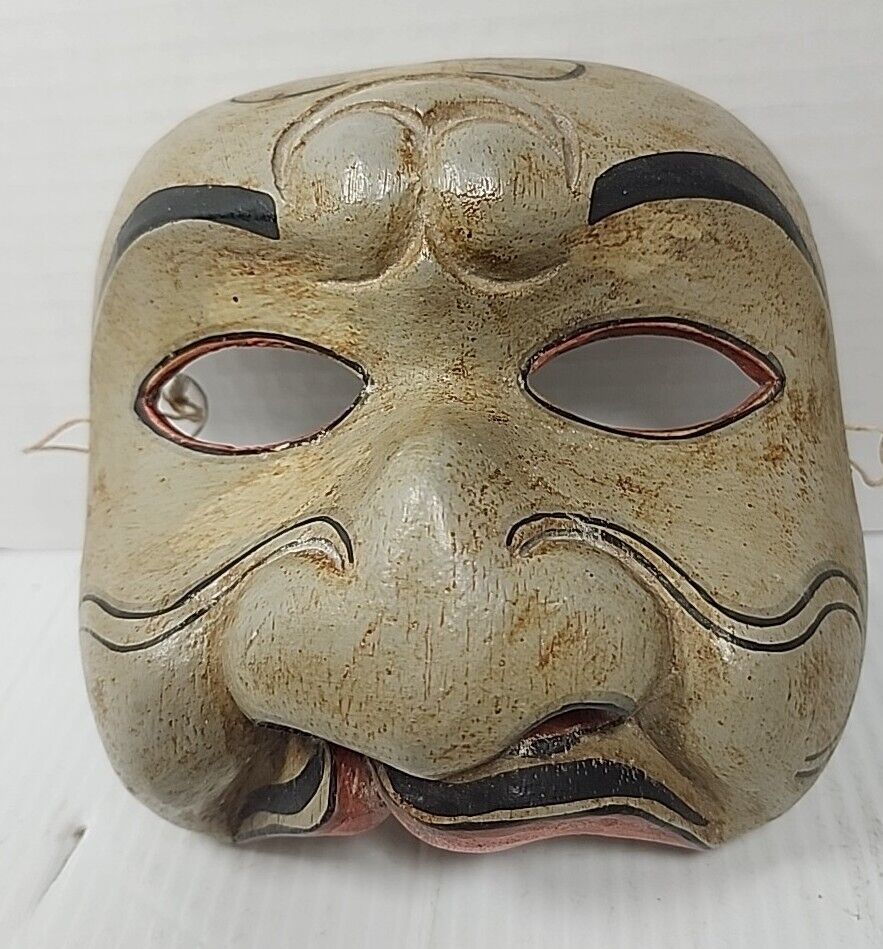 Vintage Traditional Hand Carved Japanese Wood Mask W Hanging String Fat Face