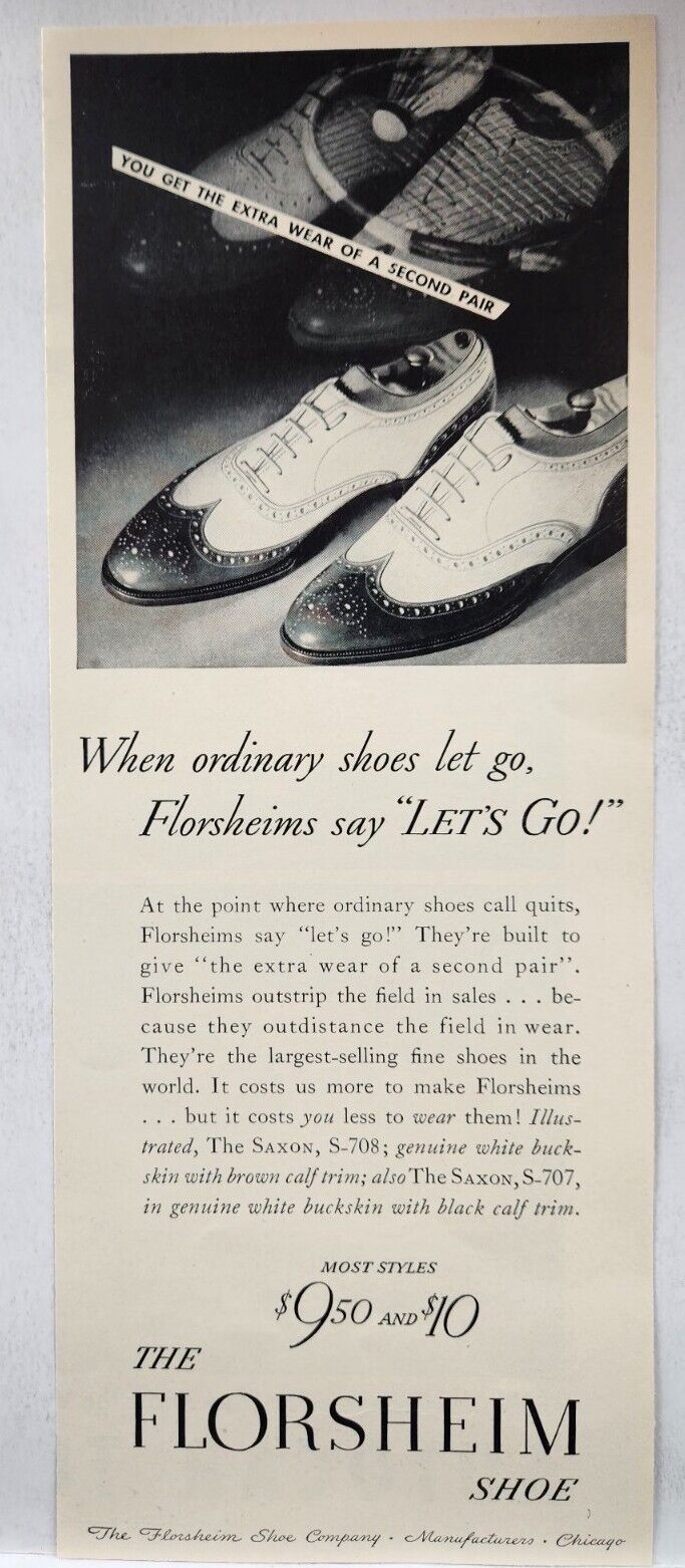 1937 Florsheim Shoes Saxon White Black Vintage Print Ad Man Cave Poster Art 30's