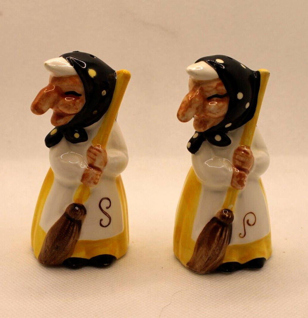 Vintage Health & Happiness Kitchen Witches Salt & Pepper Shakers Yellow Japan