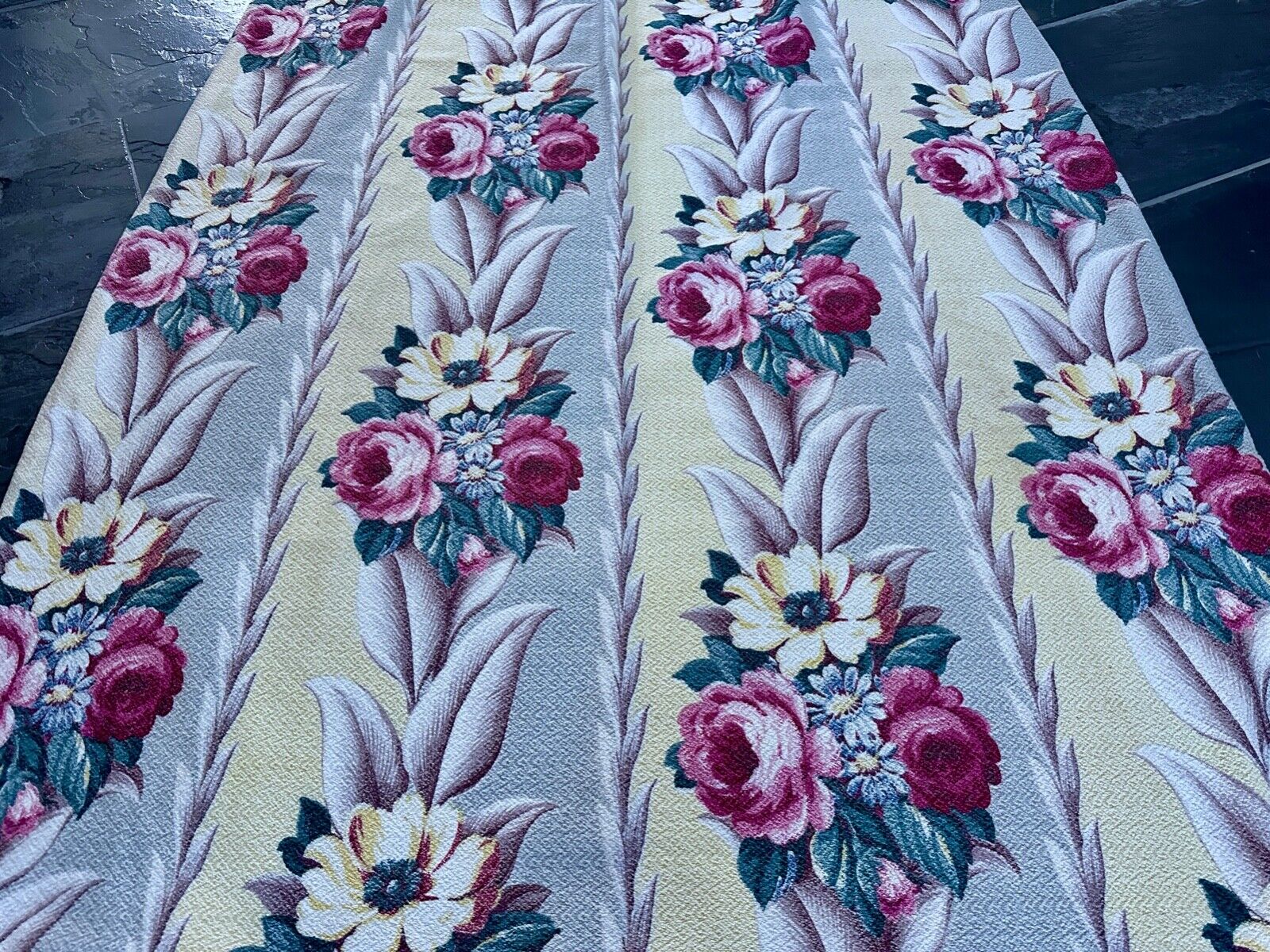 Creamiest Lemon Chiffon & Dove Gray Glen Court Barkcloth Vintage Drape Curtain