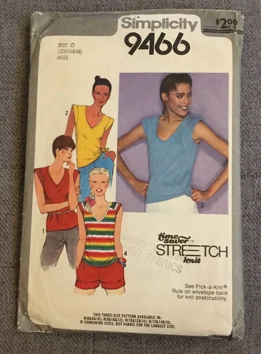 Vintage Simplicity 9466 1980s Knit Top Sewing Pattern Size 12 & 14 & 16