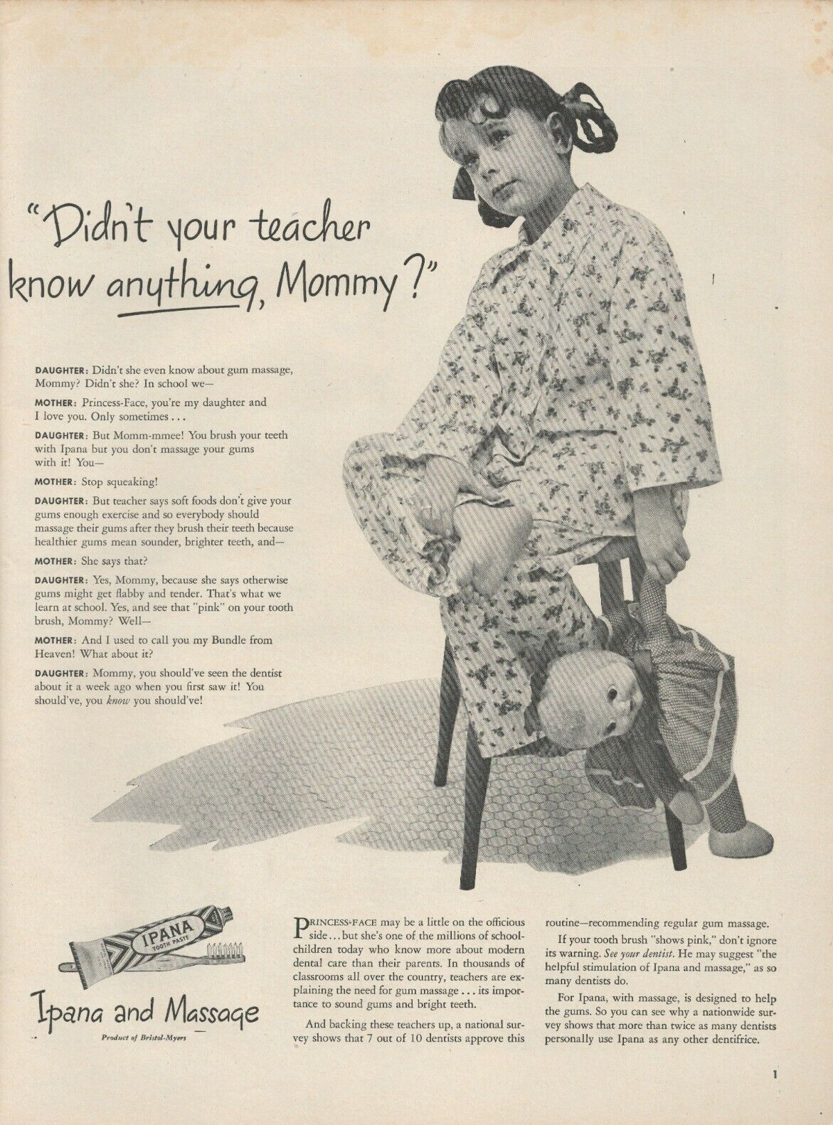 1946 Ipana Tooth Paste Massage Didn\'t Your Teacher Know Anything Mommy Print Ad