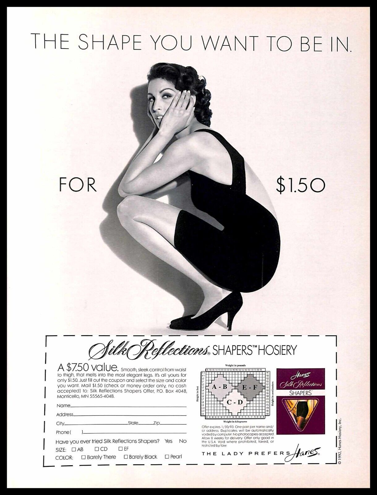 1992 Hanes Silk Reflections Vintage PRINT AD Shapewear Hosiery Lady