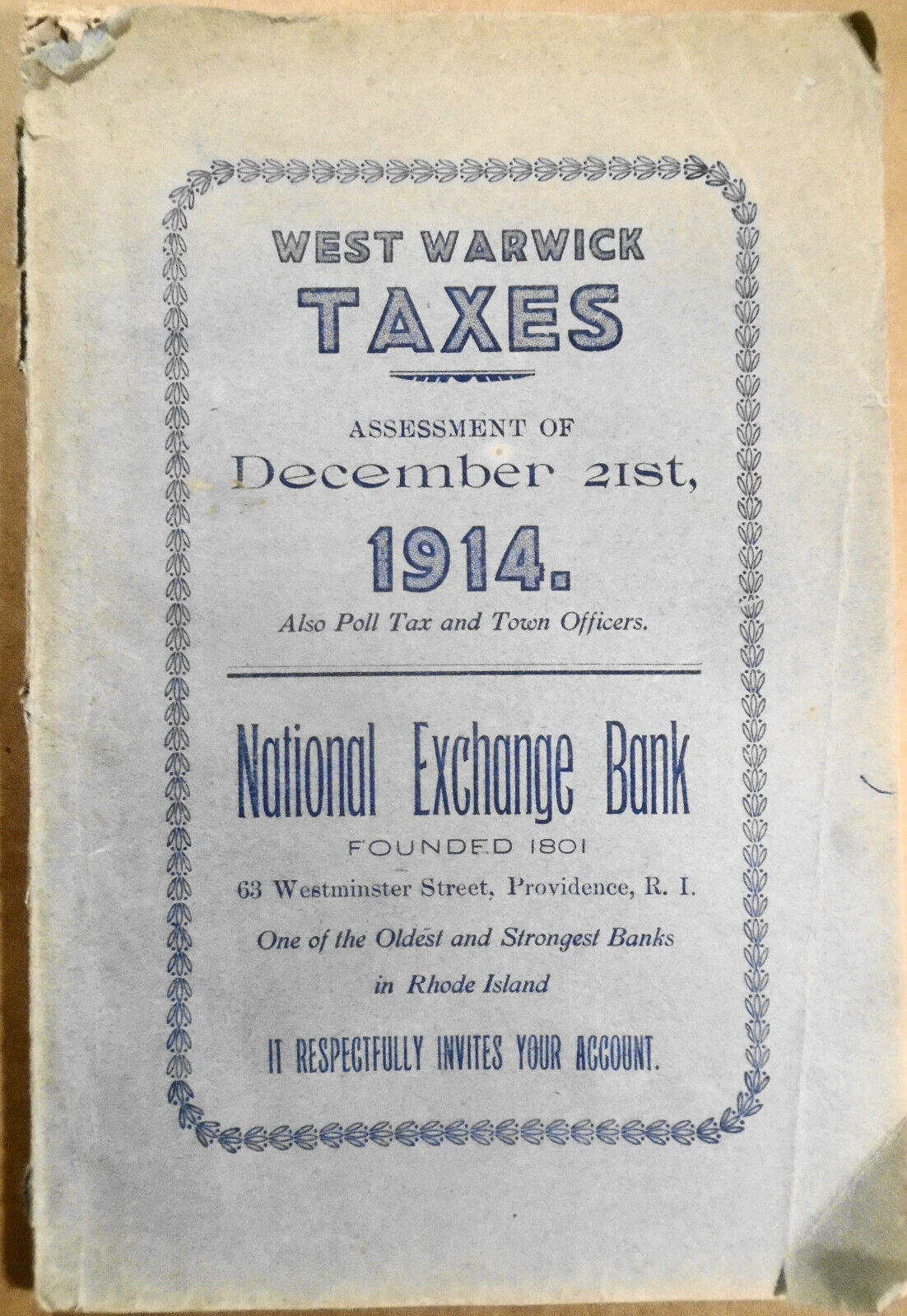1914 West Warwick town tax as assessed and apportioned on the inhabitants...
