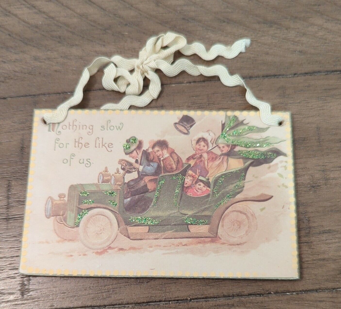 Vtg style St. Patricks Day Glitter  Wood Ornament antique car postcard picture