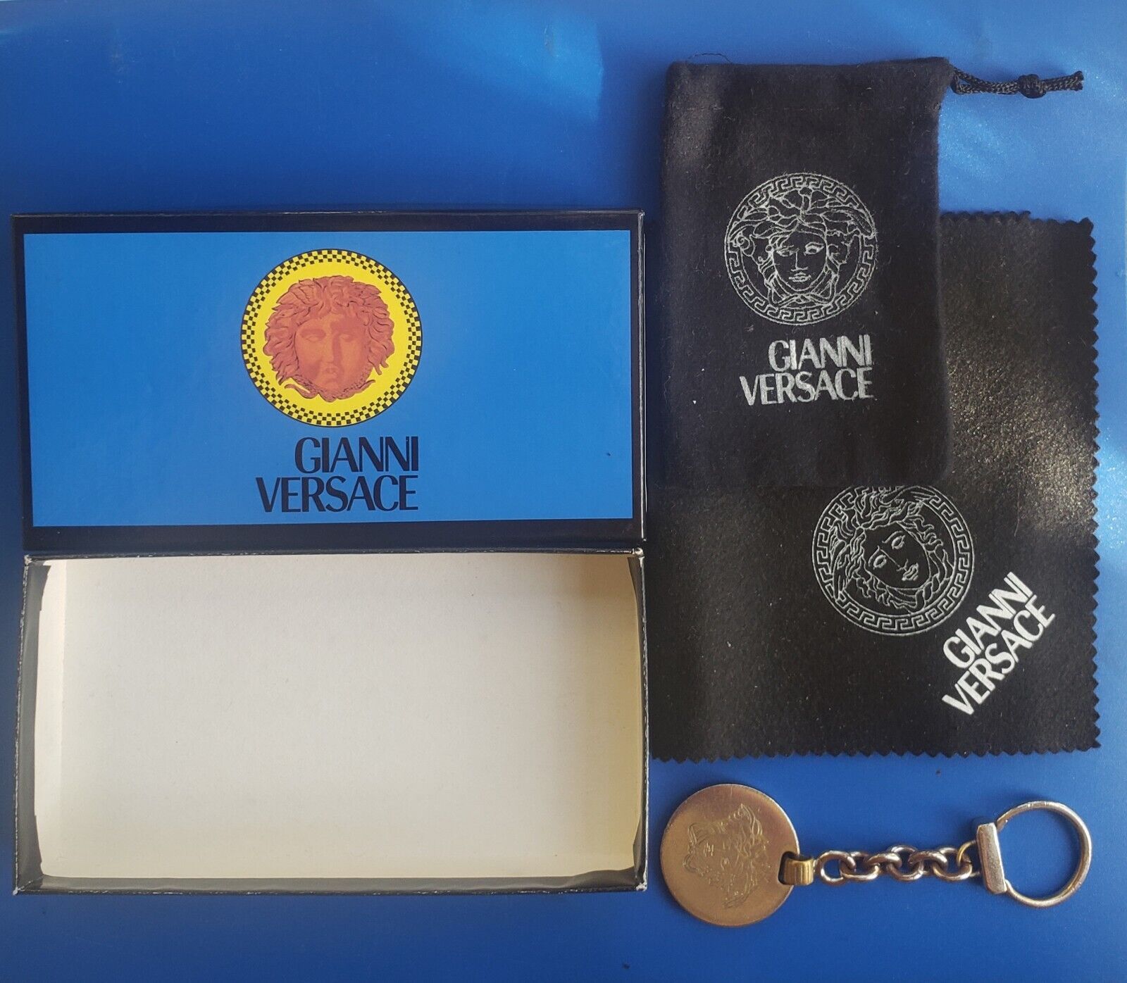 Vintage Silver Tone Gianni Versace Keychain with Pouch Bag/Cloth in Original Box