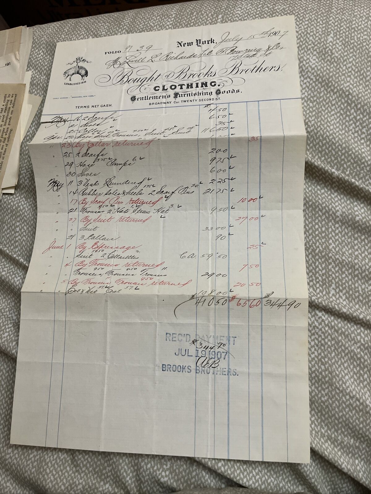 1907 Hand-Written Brooks Brothers Clothing Invoice Bill Of Sale New York City