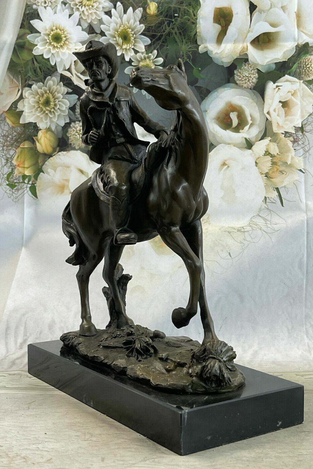 Cowboy on Horse Bronze Sculpture - Signed after Remington - Solid Marble Base