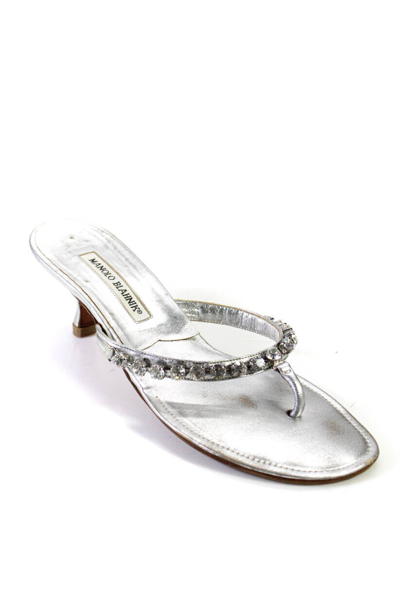 Manolo Blahnik Womens Metallic Leather Jeweled T-Strap Sandals Silver Size 9US