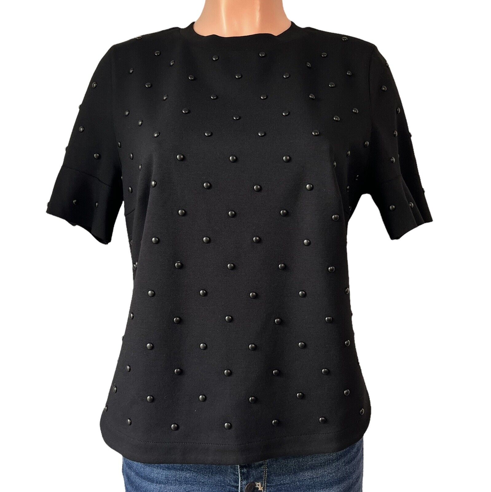 Akris Punto Womens Top US Size 10 Solid Black Studded Short Flutter Sleeve 