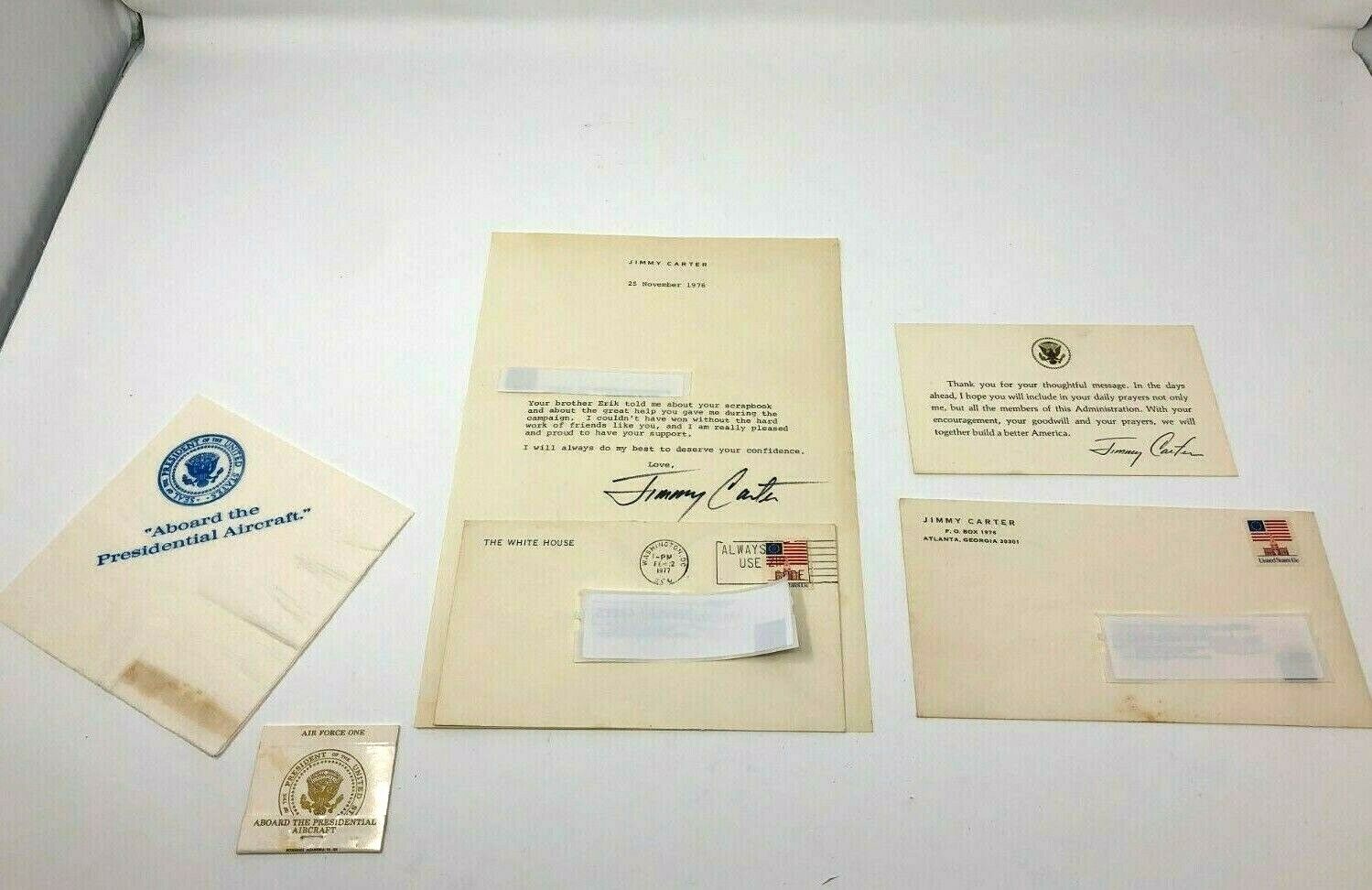 President Jimmy Carter Signature Autograph Air Force One Napkin, matchbook Lot