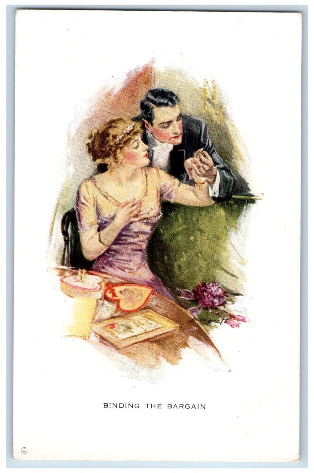 Couple Romance Postcard Binding The Bargain Courtship Days Flowers c1910's