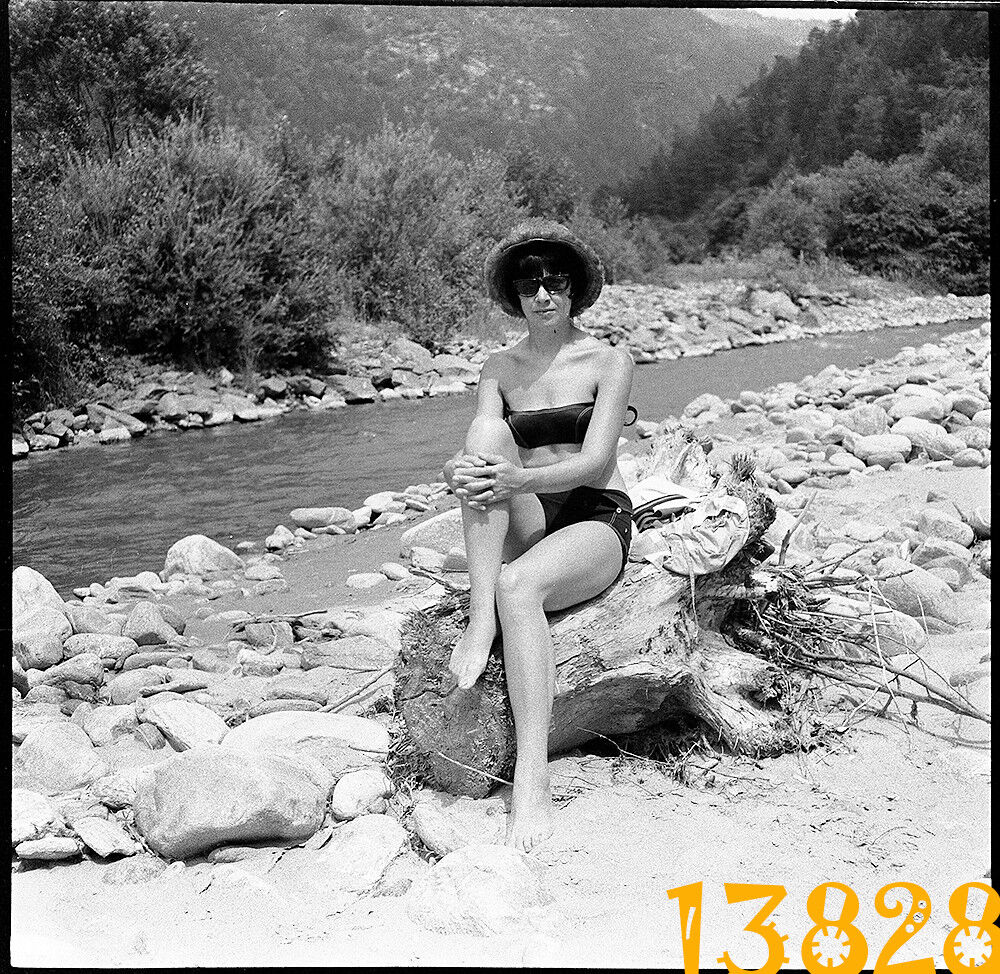 vintage negative sexy woman at riverside, modern swimsuit 1960\'s  