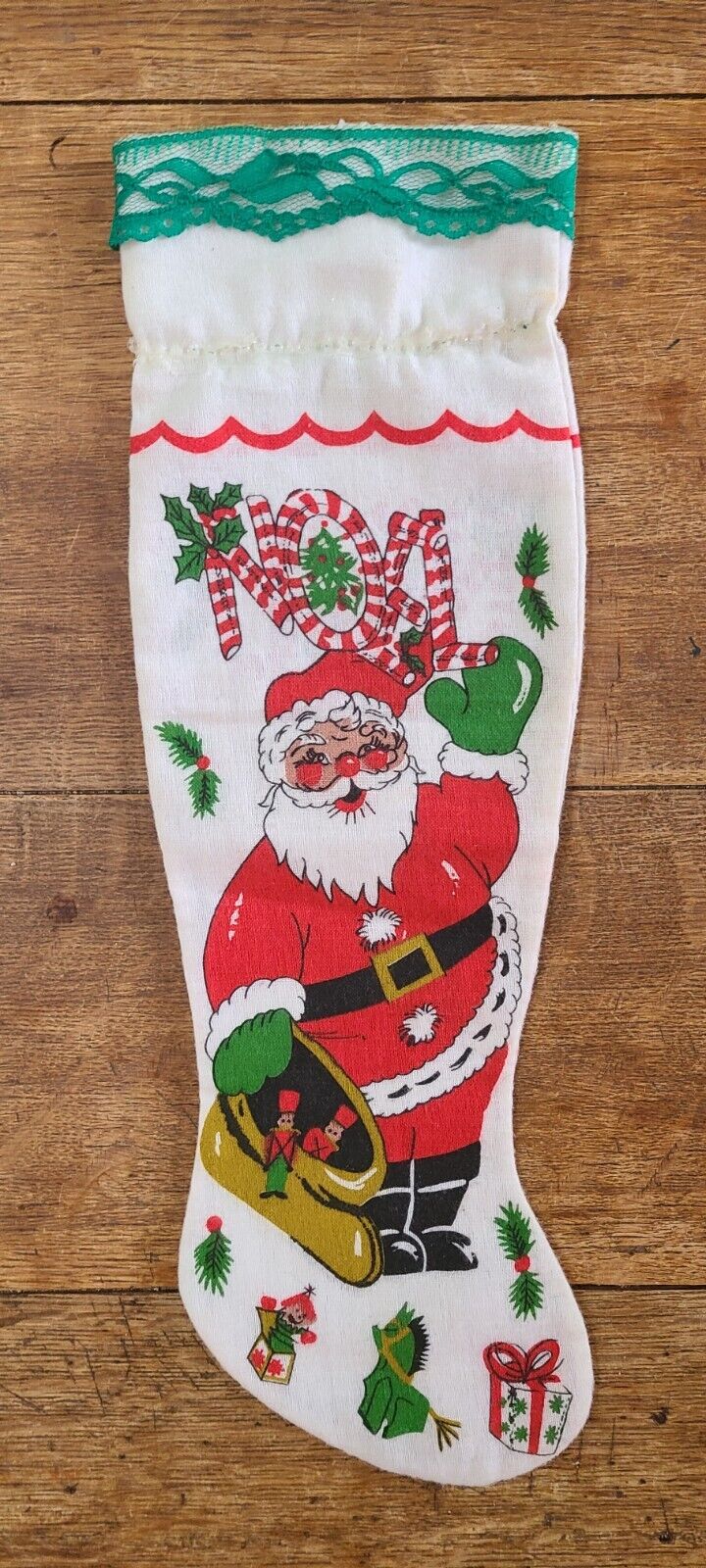 Vintage Linen Rosy Cheeks Santa Christmas Stocking Handmade 60s Tea Towel Look