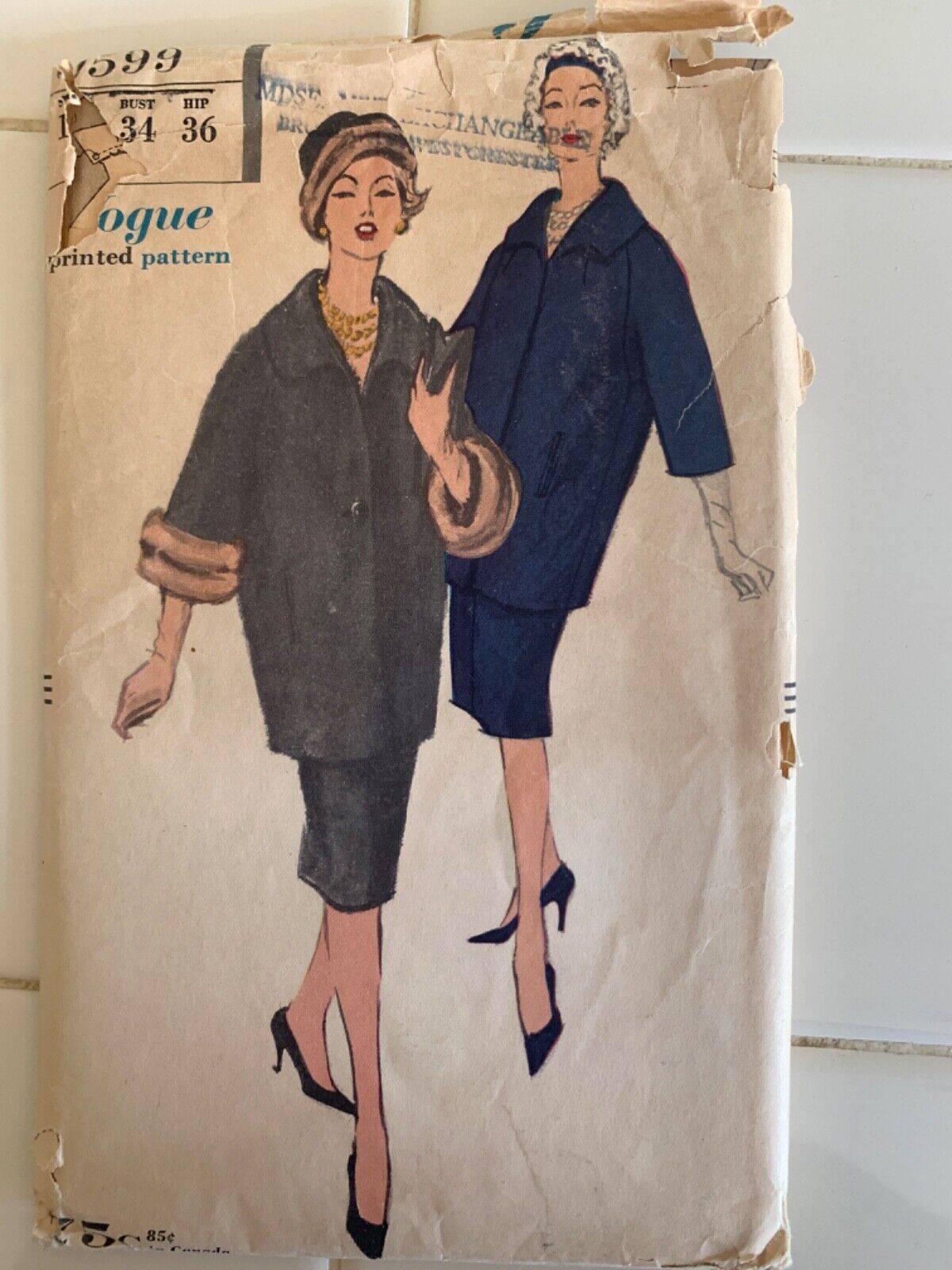 Vintage Vogue 1958 Sewing Pattern 9599 Suit, Size 14 Bust 34 Hip 36