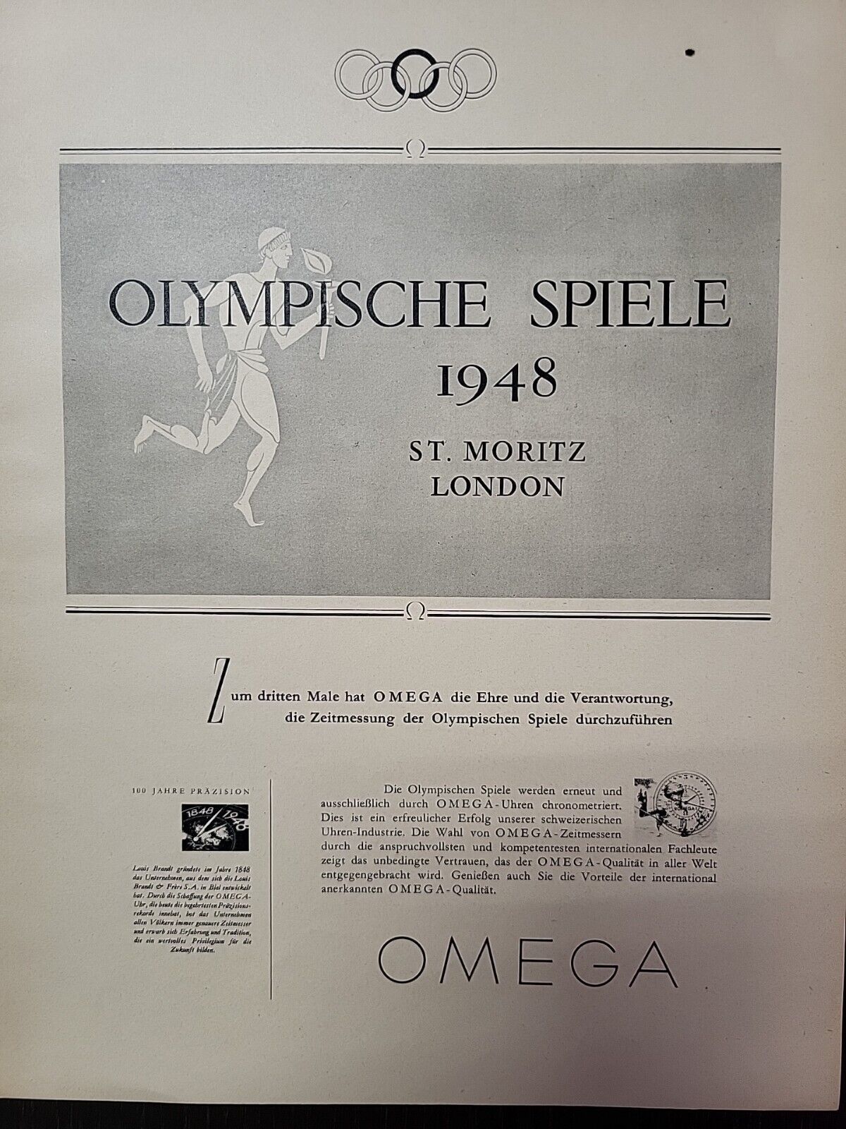 Omega Watch 1948 Olympics Print Ad Du Swiss Luxury Precision German Torch Rings