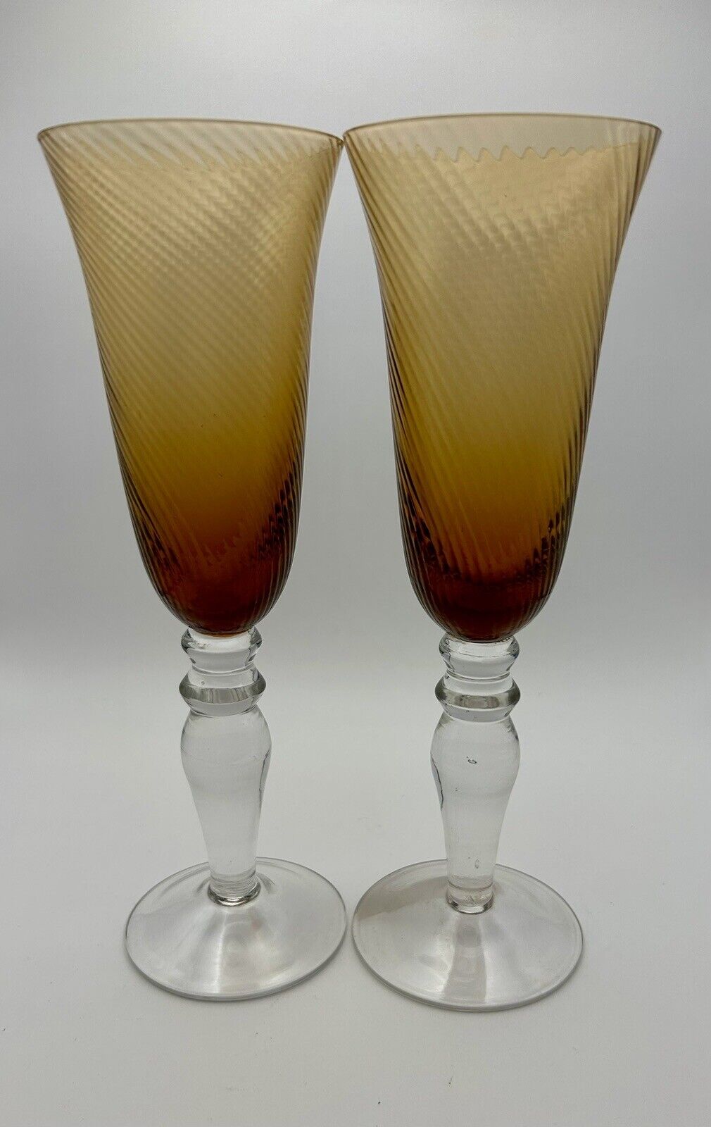 Vintage Neiman Marcus Dark Amber Brown Swirl  Glass Champagne Flute-SET Of TWO