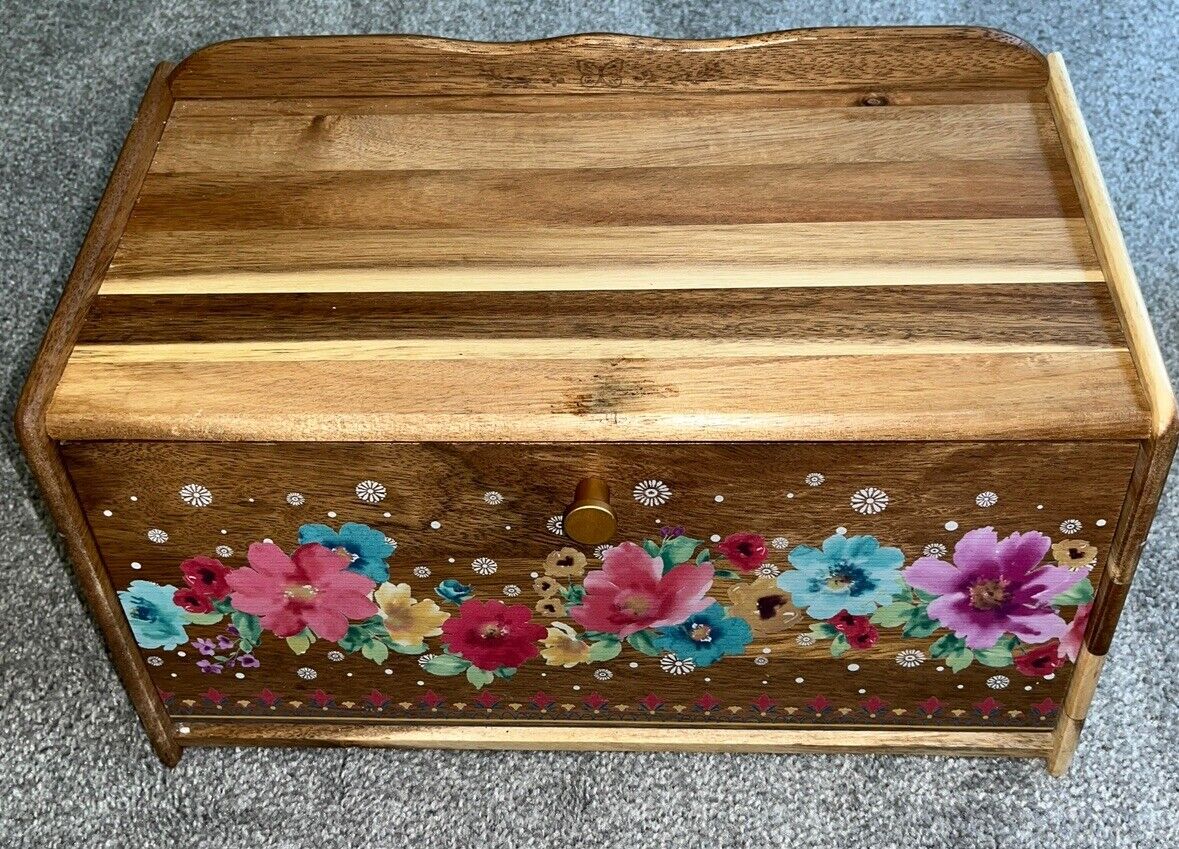 The Pioneer Woman Bread Box Arcacia Breezy Blossom Flowers Wood Pink Yellow Blue