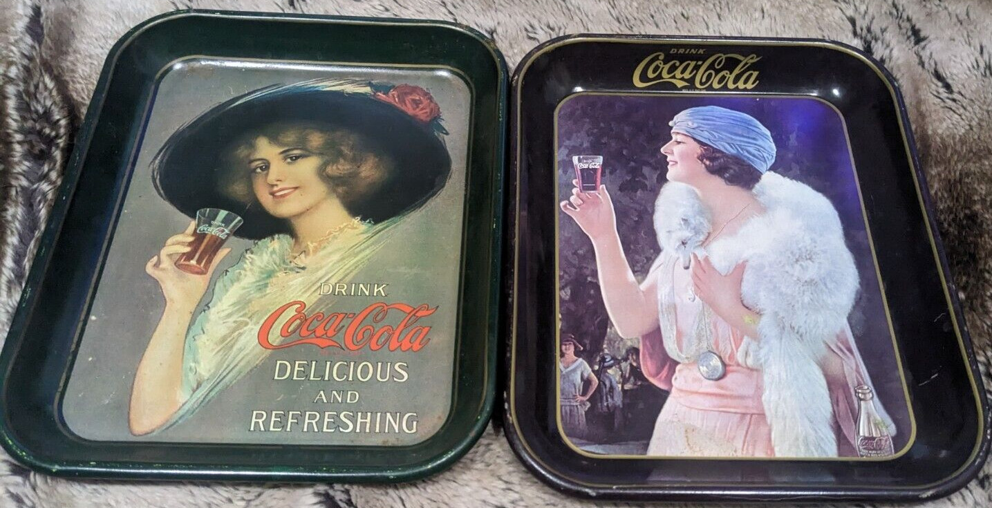 Vintage Lot of 2:  Coca-Cola Advertising Metal Serving Trays Woman Coke 