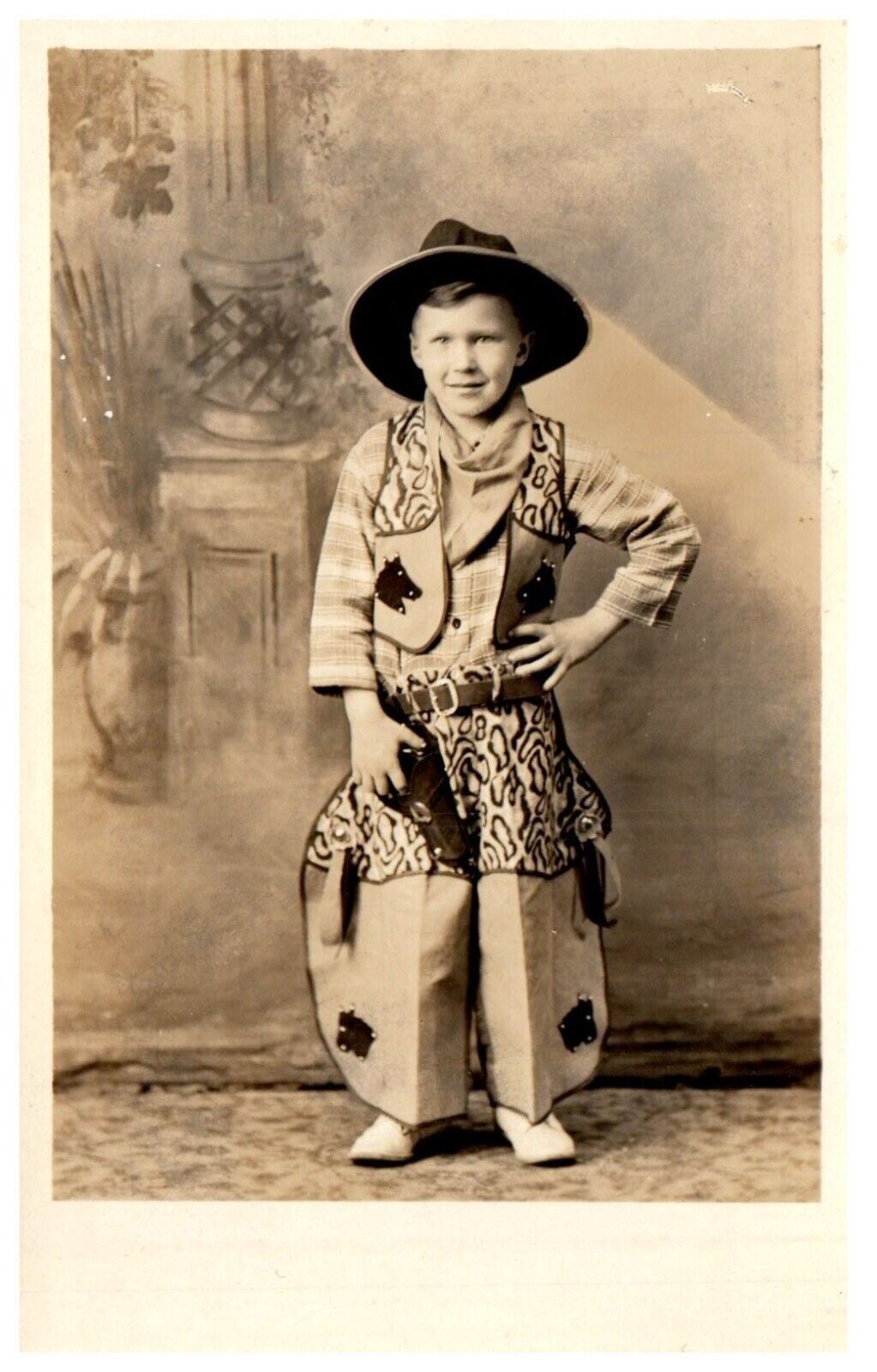 RPPC Cowboy Boy Chaps Pistol Hat Adorable Buckaroo Studio Postcard c.1940