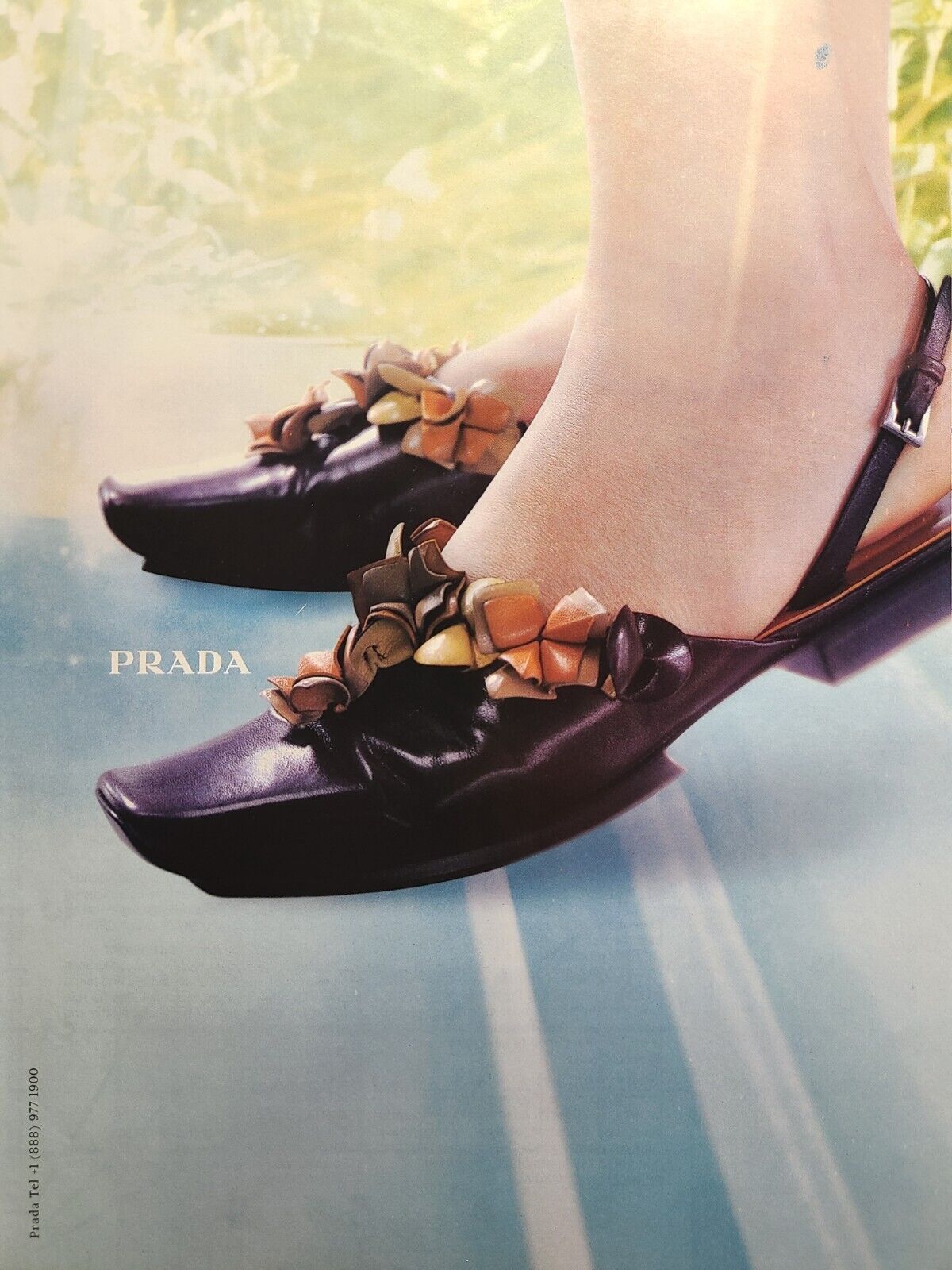 Prada Women's Shoes Leather Jade Floral Slingback Platform Vintage Print Ad 1999