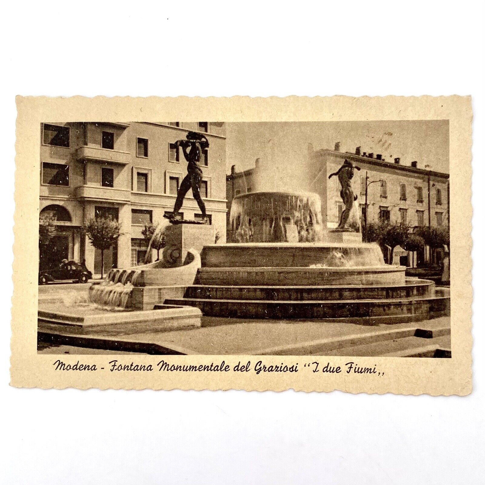 Vintage Postcard Graziosi Monumental Fountains Modena Two Rivers Scalloped Edge