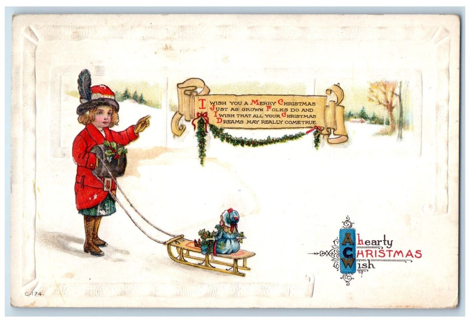 1916 Christmas Woman Handwarmer Holly Berries Winter Embossed Antique Postcard