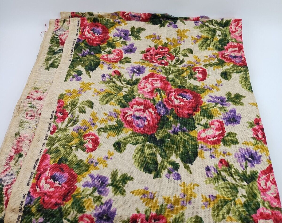5+ yds 5th Avenue Designs 100% Pure Linen Loose Weave Fabric Floral Red Roses
