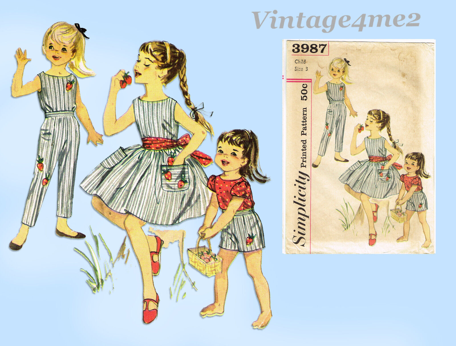 Simplicity 3987: 1960s Toddler Girls Play Clothes Size 3 Vintage Sewing Pattern