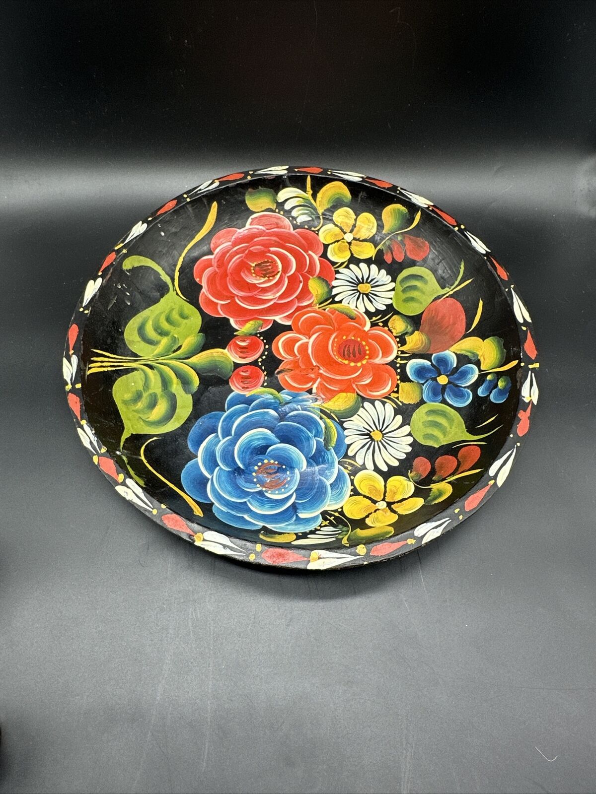Vintage Handpainted Hand Carved Folk Art Floral Batea Bowl Mexico Tole Paint