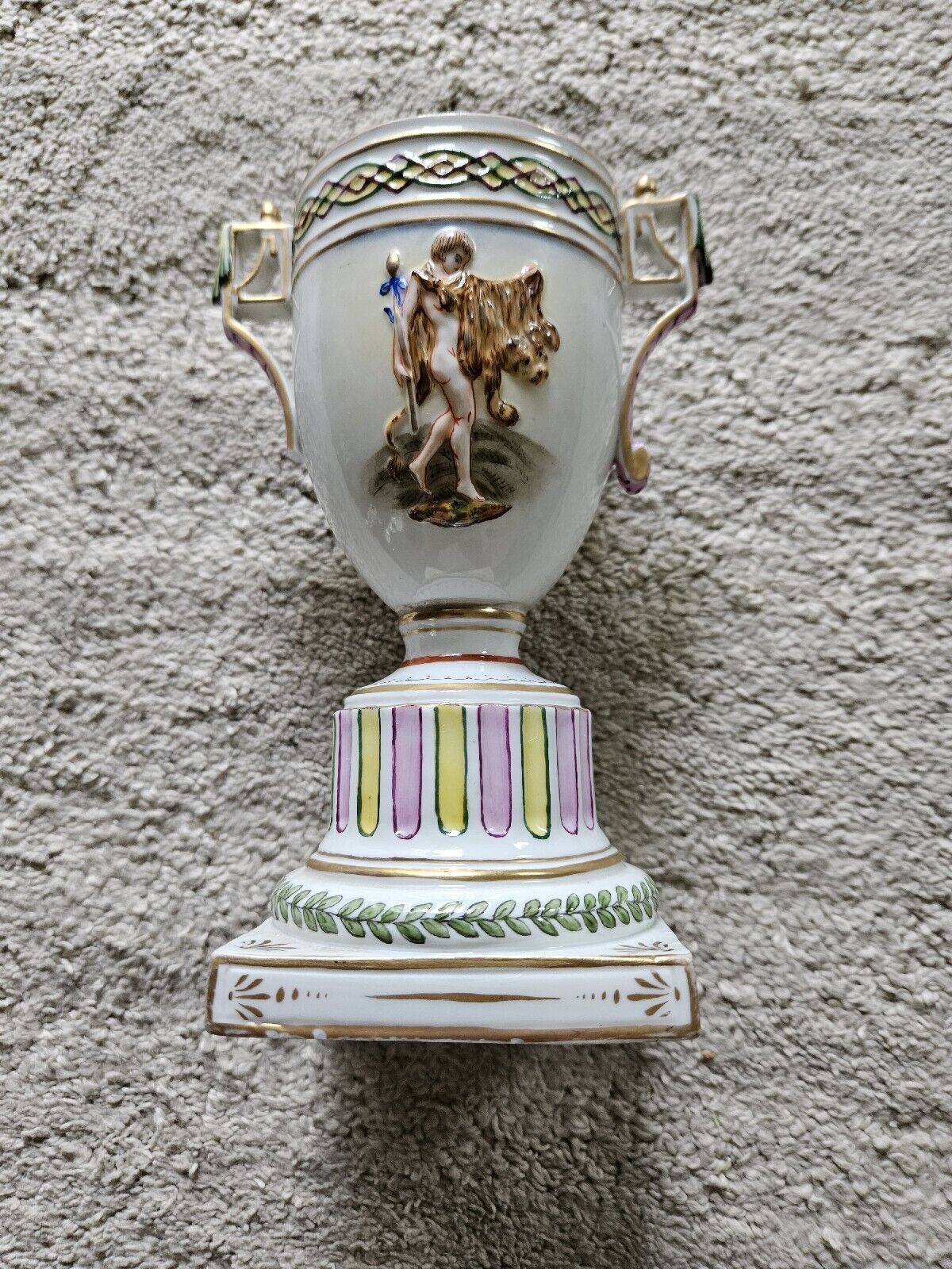 1880 Dresden Small Mantel Vase Urn Lady Shield Gold Trim Handkes Man Sword Paste