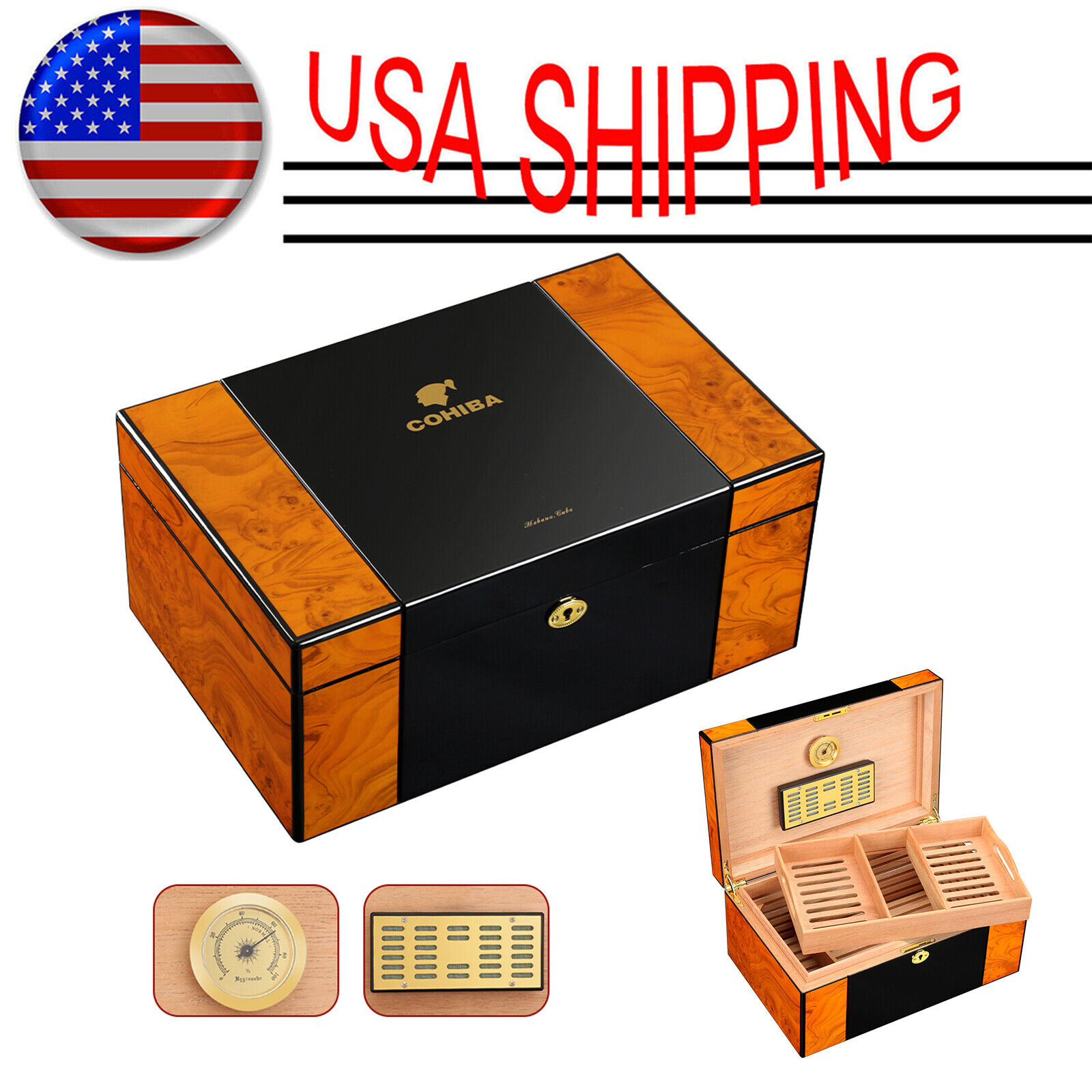Cohiba Cigar Humidor 80-100ct Cigars Storage Box Case Humidifier Hygrometer