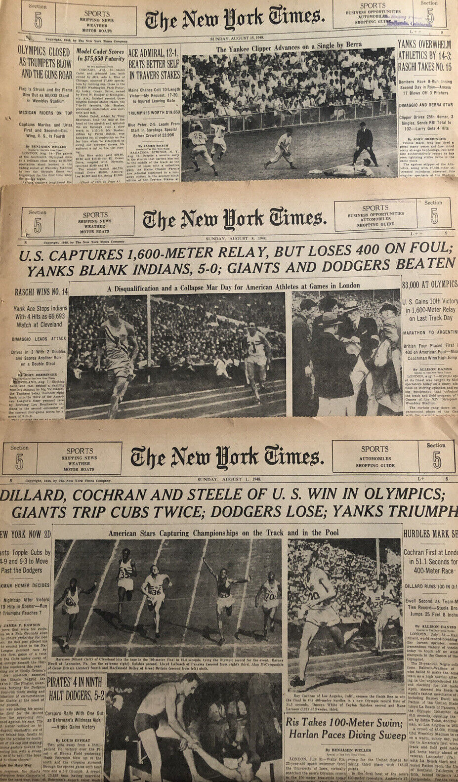 London Olympics 1948 Lot Of 3 NY Times Newspapers Harrison Dillard Ray Cochran