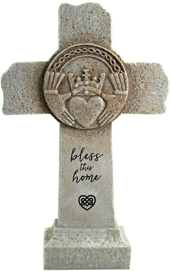 Cement Bless This Home Claddagh Garden Celctic Cross, 10 1/4 Inch