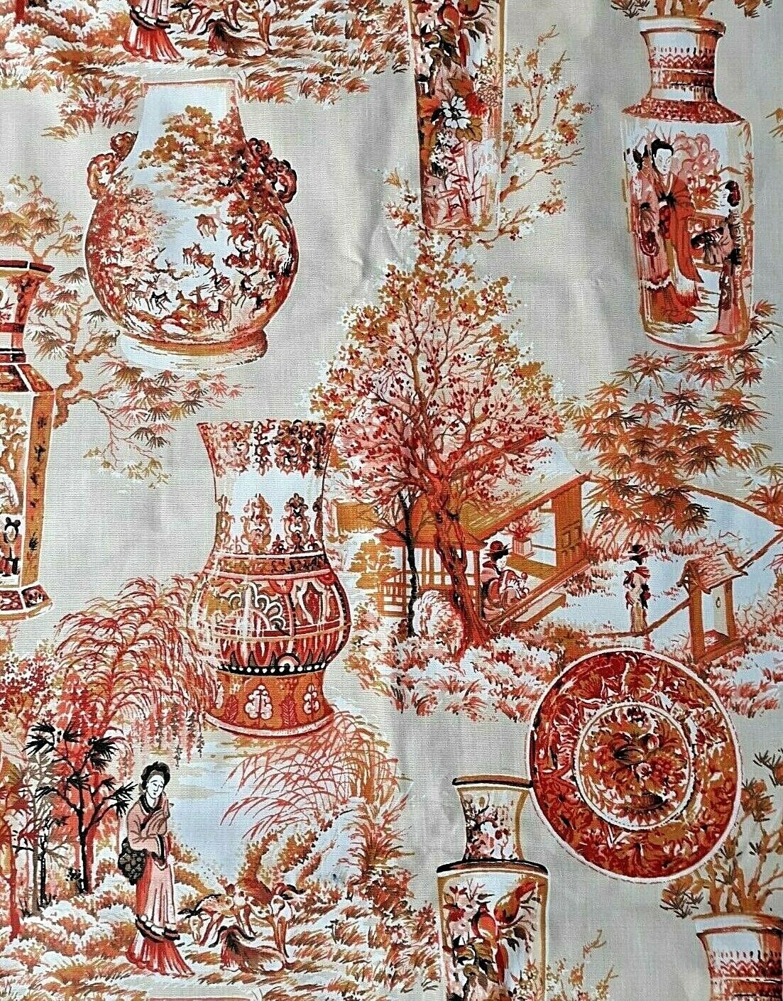 Vtg 1977 Riverdale Decorator Fabric Beige/Orange Boho Asian-Inspired--5.75 Yds