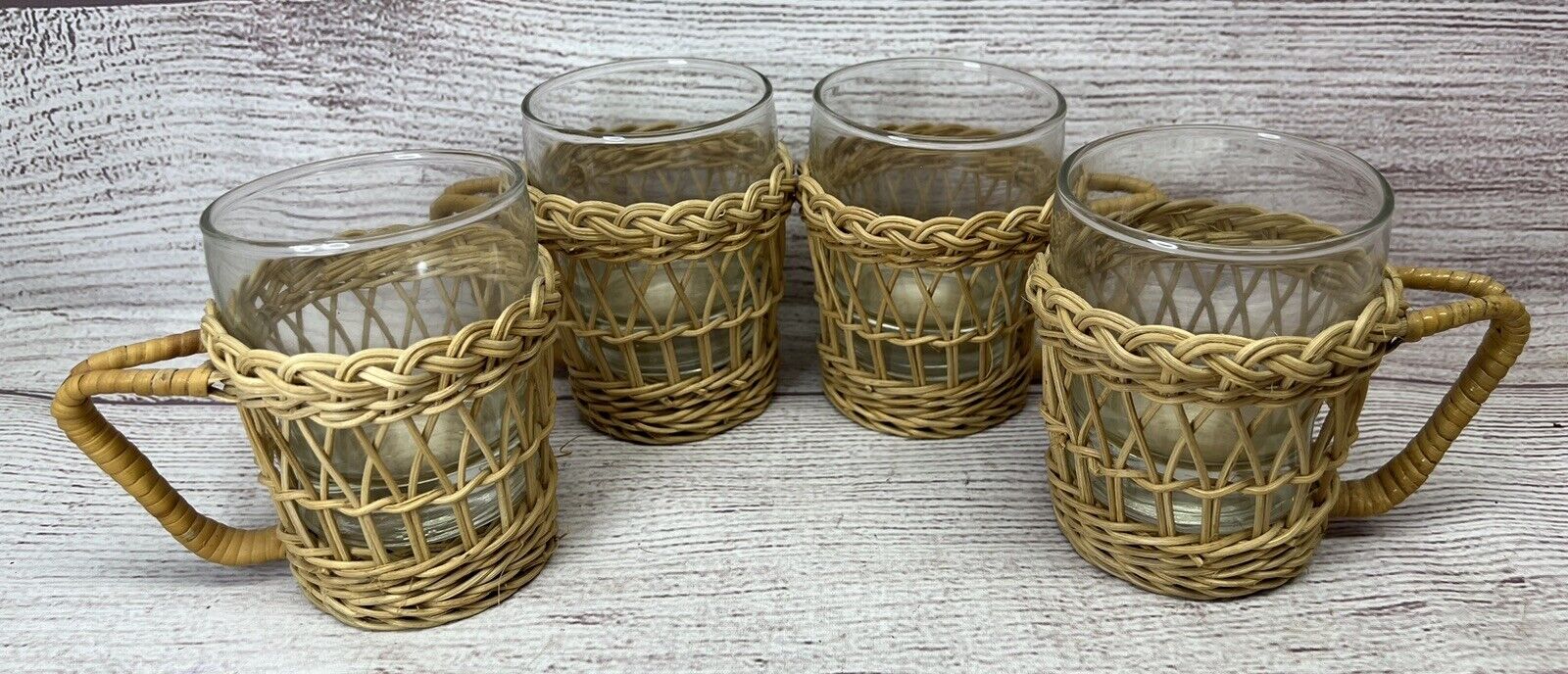 Set Of 4 Vintage Glasses in Wicker Rattan Holders Handles Boho 4.5\