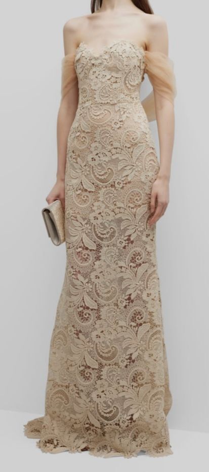$3569 Oscar De La Renta Women\'s Beige Silk Lined Off-Shoulder Lace Gown Size 8